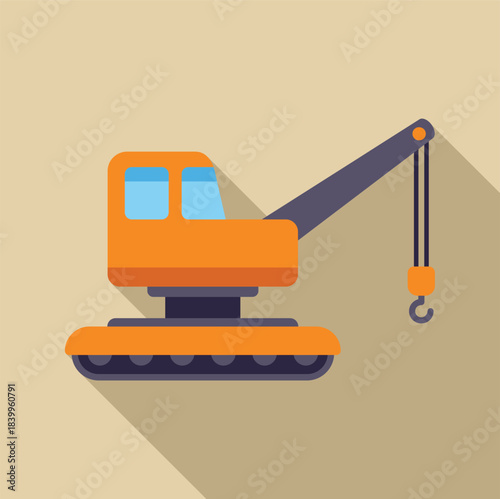 Orange crawler crane lifting with hook in flat design style