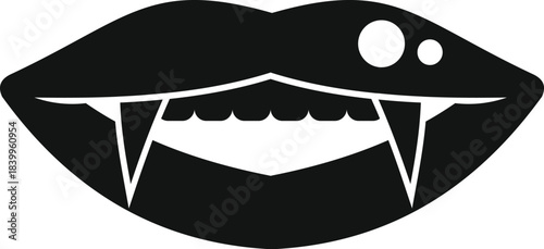 Black silhouette of vampire lips, showcasing sharp fangs and a piercing, creating a spooky yet sensual halloween vibe