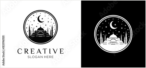 Mosque silhouette with crescent moon and stars in a circular frame, black and white logo design.