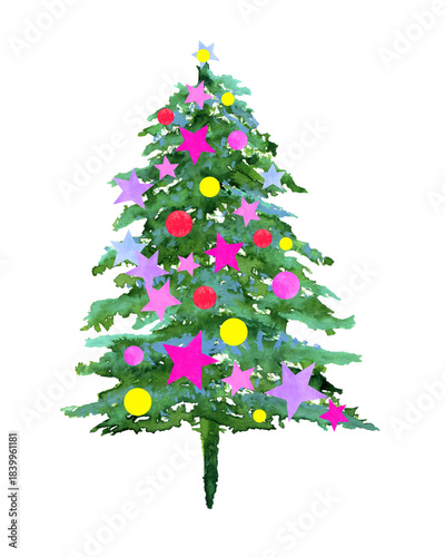 Christmas tree hand drawn watercolor illustration isolated on white 