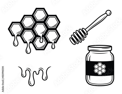 Black and white illustration of honey dripping from honeycomb, dipper, and jar.