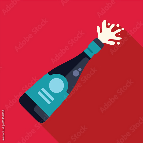 Champagne bottle popping cork and spraying sparkling wine against a red background