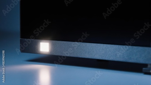 Glowing square LED indicator light on a modern electronic device in the dark.