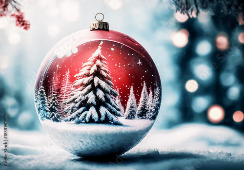 Christmas ball on the winter blurred background. Christmas tree. Festive holiday  illustration. Generative AI	