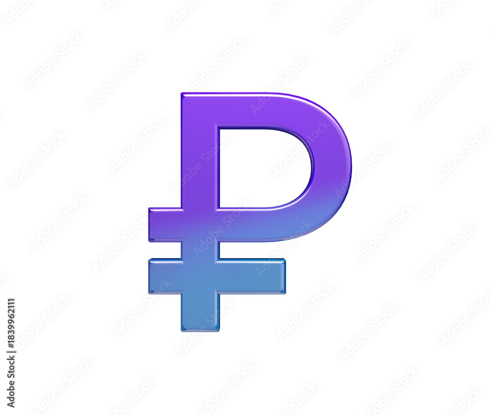 Obraz premium Glossy Russian Ruble symbol in a purple-to-blue gradient with smooth depth and shine, 3D Illustration
