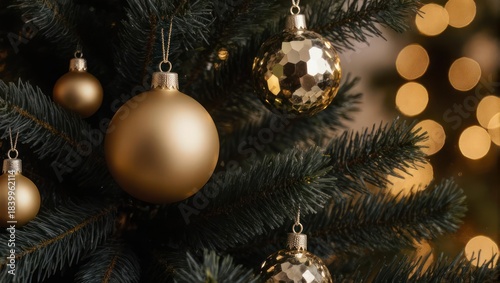 Golden Christmas baubles hanging on a festive fir tree with warm bokeh lights.