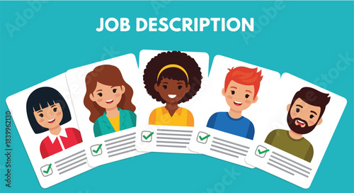 Illustration of diverse job applicants with checklists on a teal background, showcasing various cartoon people.