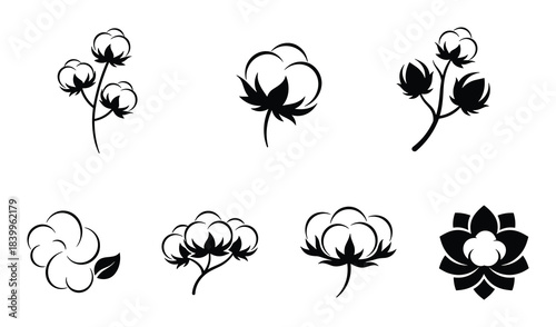 Black cotton flower icons. Cotton plant illustrations. Different floral elements. Nature design.