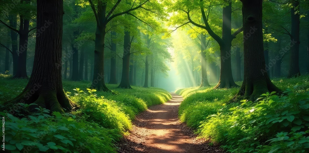 Fototapeta premium A winding path through a lush forest, sunlight dappling the leaves, leading towards a distant, unseen destination The journey symbolizes growth, discovery, and the unknown , road, tranquil, direction