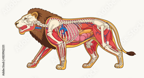 Detailed anatomical illustration of a lion with exposed skeletal and muscular systems on a plain background.