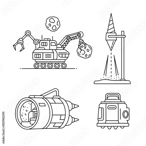 Futuristic space mining equipment collection featuring asteroid mining rover, drill, and specialized machinery for extraterrestrial resource extraction.