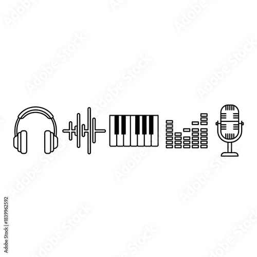 Creative music production icons set featuring headphones piano keyboard equalizer and microphone for audio production and sound design inspiration