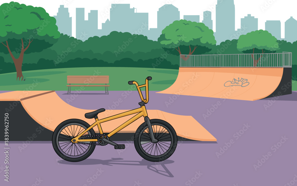 Fototapeta premium BMX Stunt Bicycle in Skate Park with City Skyline Background Vector