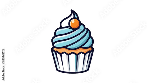 Cartoon Cupcake with Blue Frosting and Cherry Topping Illustration.