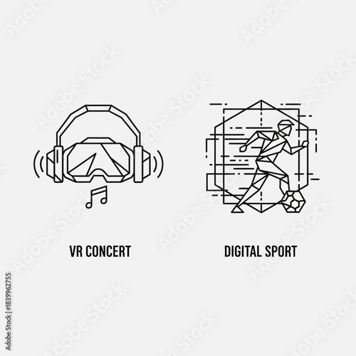 Immerse yourself in virtual reality concerts and experience the thrill of digital sports with these modern, dynamic line art icons representing futuristic entertainment.