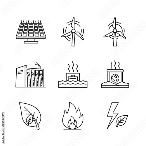 Visualizing diverse sustainable energy sources from solar power to wind, hydro, geothermal, biomass, and clean electricity generation for eco-friendly concepts.