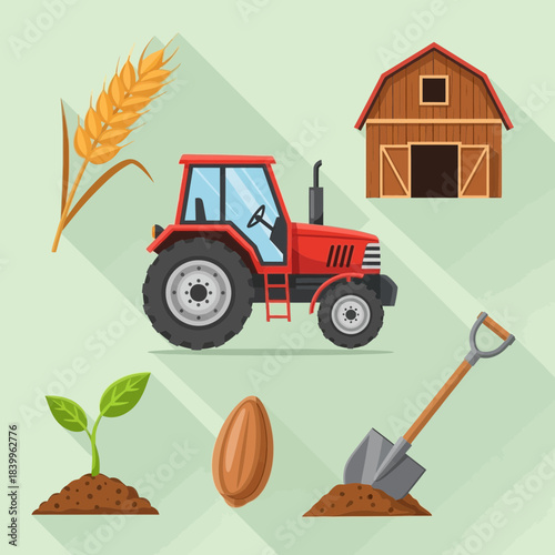 Vibrant farm scene with red tractor, barn, wheat, seedling, seed, and shovel symbolizing agriculture and growth