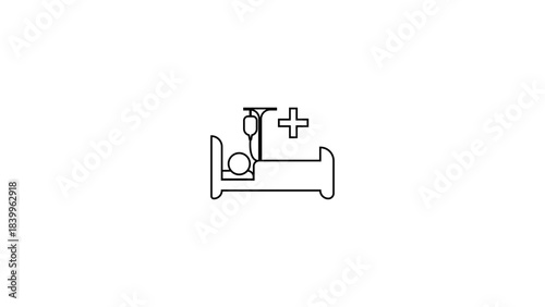 Hospital bed icon with patient receiving IV saline, medical treatment vector, nurse care illustration, healthcare symbol, patient monitoring, hospital vector design, medical icon