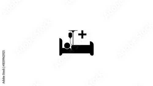 Hospital bed icon with patient receiving IV saline, medical treatment vector, nurse care illustration, healthcare symbol, patient monitoring, hospital vector design, medical icon