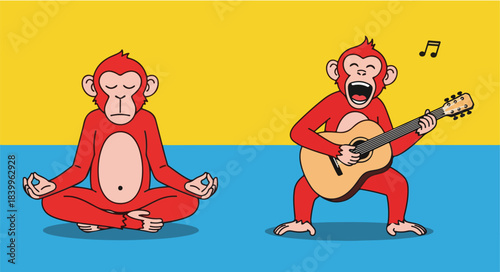 Two cartoon monkeys, one meditating in lotus position and the other playing a guitar, against a colorful background with yellow and blue sections.