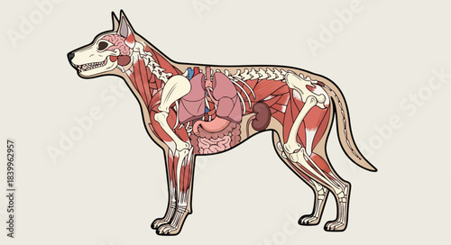 Detailed illustration of a dog's anatomy showing skeleton, muscles, and organs against a plain background.