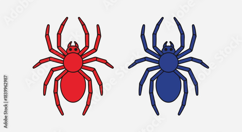Two colorful spider icons, one red and one blue, on a plain white background in a flat lay composition.
