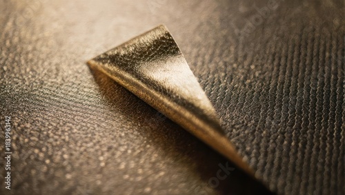 Golden triangular metal object resting on a textured shimmering surface with dramatic lighting.