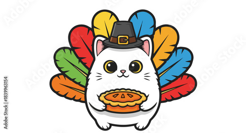 A cartoon white cat wearing a pilgrim hat and colorful turkey feathers holds a pumpkin pie on a plain white background.
