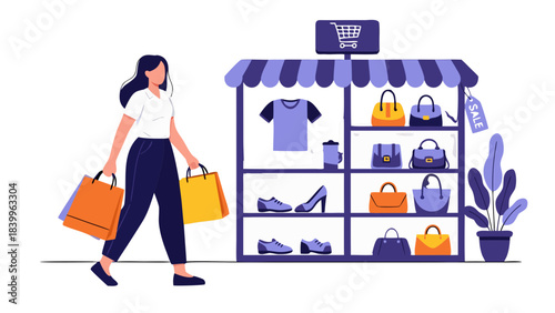 Woman Carrying Shopping Bags Outside A Retail Store Displaying Handbags Shoes And Apparel On Shelves Under A Purple Awning With A Plant Beside It On A Black Background Flat Design