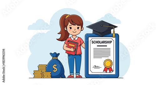 A young cartoon woman holding a book next to a scholarship certificate and money bag with coins and a graduation cap on a light blue background with a cheerful educational theme.