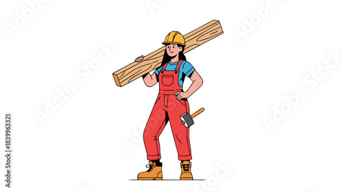 Woman Construction Worker Wearing Yellow Hard Hat and Red Overalls Carries Wooden Planks on Shoulder with Hammer Tucked into Belt on Black Background