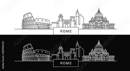 Line drawings of famous Rome landmarks on white and black backgrounds with city name label.