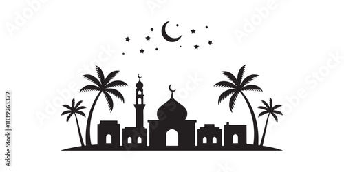 Silhouette graphic of mosque with crescent moon and stars surrounded by palm trees vector