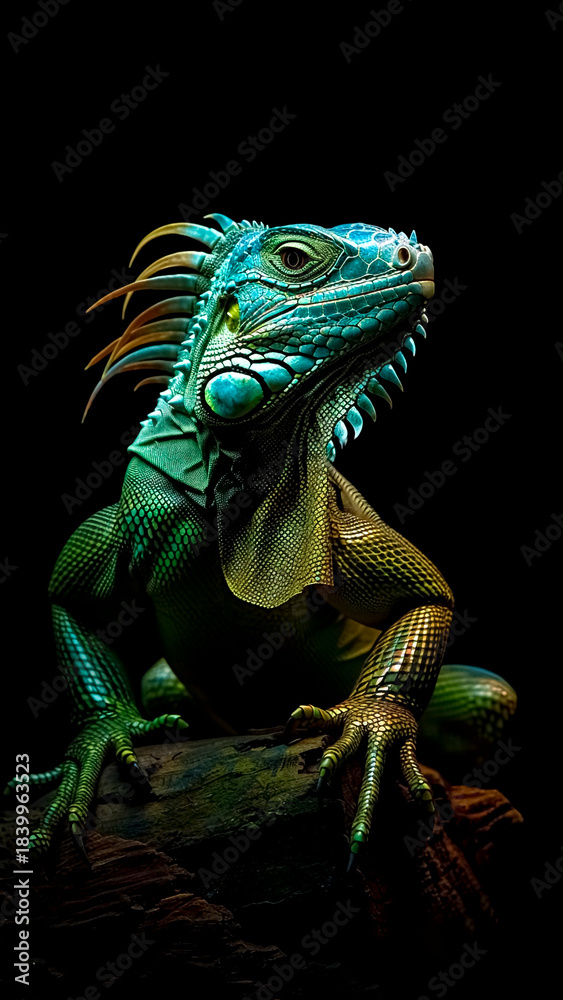 Obraz premium Close-up of a Green Iguana on a Log on Dark Background. Exotic Lizard, Wildlife Photography, Reptile Habitat.