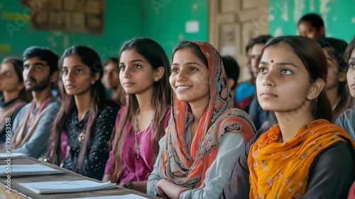 Young Indian Students Paying Attention In A Classroom With Green Walls And Wooden Desks