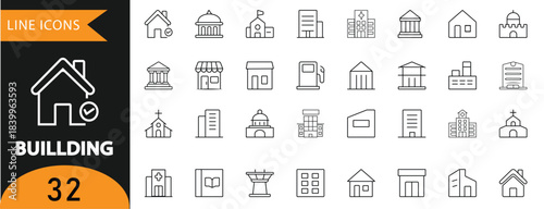 Minimal editable building icon set. Featuring modern real estate, residential, office, hospital, hotel, museum, factory, bank, and home illustrations.
