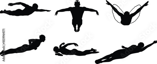 Swimmer, silhouette, freestyle, butterfly, breaststroke, dive, underwater, motion, splash, goggles, athlete, sport, action, technique, dynamic, minimal, water, pose, black, white