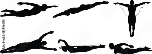 Swimmer, silhouette, freestyle, butterfly, breaststroke, dive, underwater, motion, splash, athlete, sport, action, technique, dynamic, minimal, water, pose, black, white, rotation