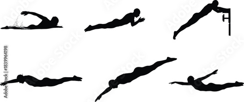Swimmer, silhouette, freestyle, dive, underwater, splash, motion, athlete, sport, action, technique, dynamic, minimal, black, white, pose, streamlined, start, glide, stroke