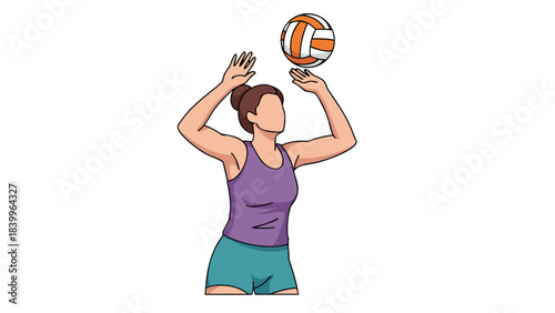 Woman Playing Volleyball with Orange White Ball in a Purple Tank Top and Teal Shorts on a Black Background