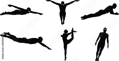 Silhouette, athlete, swimmer, diver, gymnast, yoga, fitness, pose, black, white, motion, sport, body, action, balance, strength, flexibility, exercise, dynamic, minimal