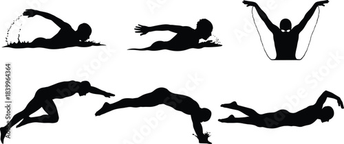 Swimmer, silhouette, dive, freestyle, butterfly, breaststroke, underwater, motion, splash, black, white, athlete, sport, action, technique, dynamic, minimal, water, pose, competitive
