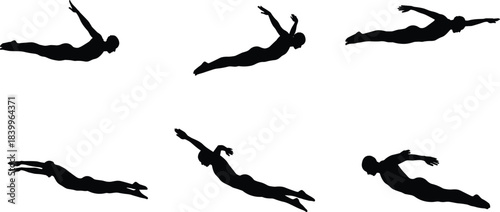 Diving, silhouette, swimmer, motion, sequence, black, white, sport, athlete, leap, posture, action, dynamic, minimal, water, splash, technique, form, progression, streamlined