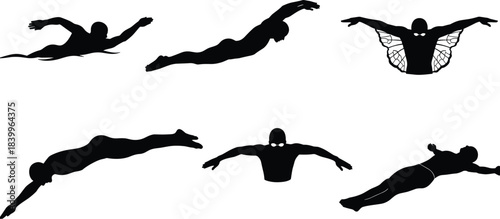 Swimmer, silhouette, freestyle, butterfly, backstroke, dive, underwater, motion, splash, goggles, athlete, sport, action, technique, dynamic, minimal, water, pose, black, white