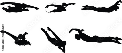 Swimmer, silhouette, freestyle, butterfly, backstroke, dive, underwater, motion, splash, athlete, sport, action, technique, dynamic, minimal, water, pose, black, white, style