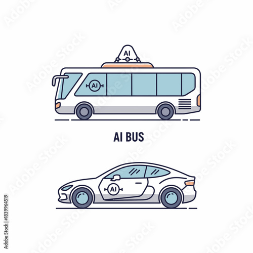Futuristic AI autonomous bus and electric car showcasing smart transportation innovation for modern urban mobility solutions