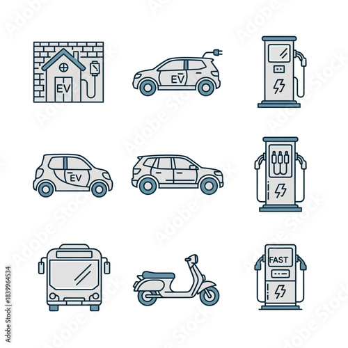 Modern electric vehicle icons showcasing sustainable transport, charging stations, and urban mobility solutions for a greener future