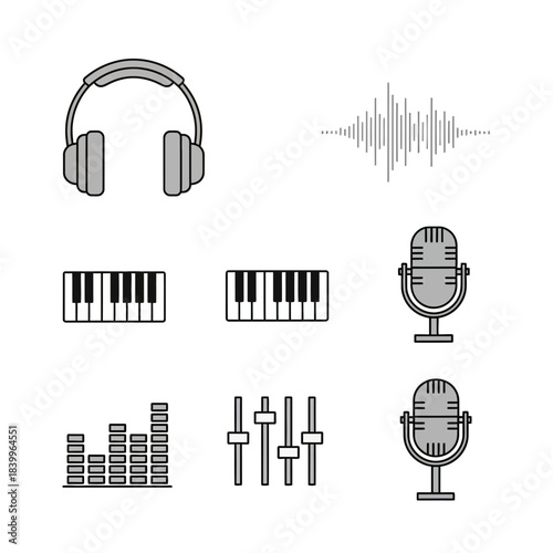 Professional audio production icons including headphones, microphones, keyboards, and sound wave visualizations for music and broadcasting