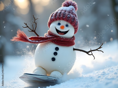 Inverno e neve: pazzo pupazzo di neve che fa snowboard