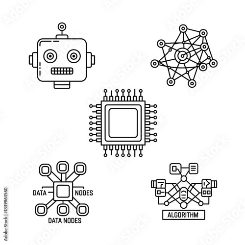 Capturing the essence of AI innovation showcasing robots, neural networks, algorithms, and central processing units for modern tech concepts.